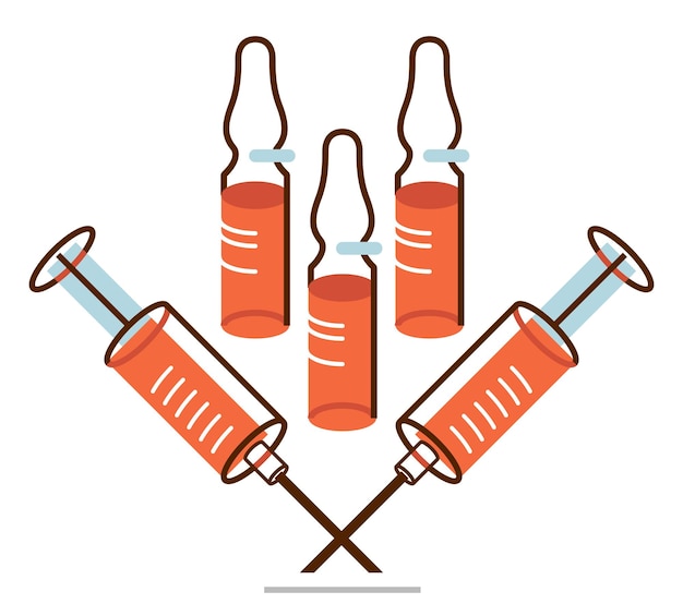 Vecteur illustration vectorielle du thème de la vaccination d'une seringue avec des ampoules isolées sur l'épidémie blanche ou la pandémie de coronavirus covid-19 ou la grippe ou le sars ou tout autre concept de pharmacologie du vaccin