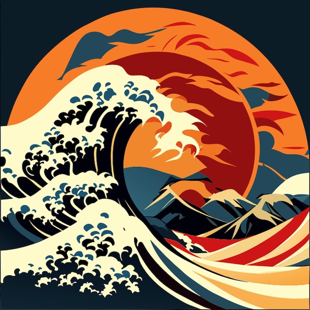 Vecteur illustration vectorielle du tsunami et du soleil