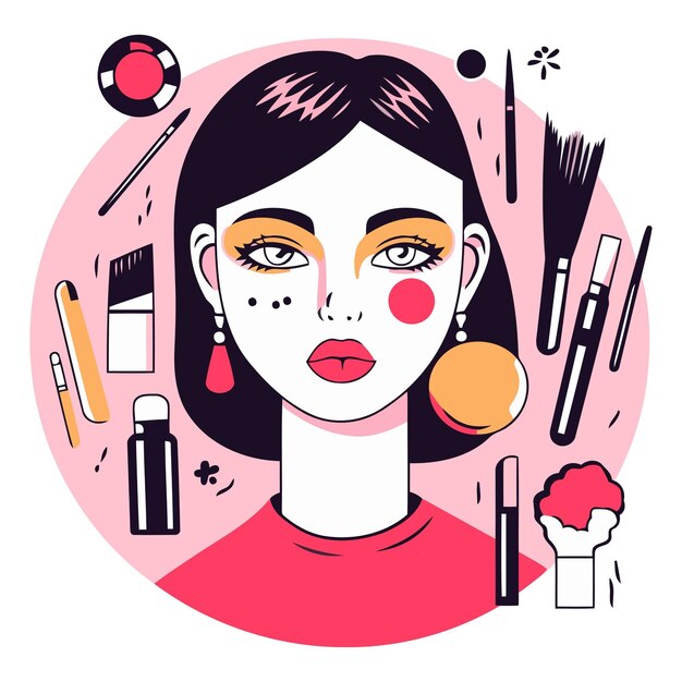 Vecteur illustration vectorielle du visage d'une femme avec des outils de maquillage