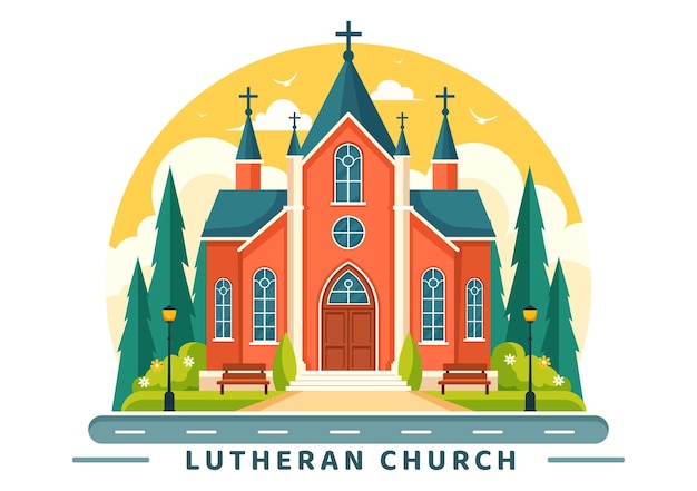 Illustration vectorielle de l'église luthérienne représentant un bâtiment du temple de la cathédrale et l'architecture religieuse chrétienne sur un fond plat de style dessin animé