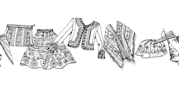 Illustration Vectorielle à L'encre Dessinée à La Main Brodée Vêtements Indiens Nationaux Mode D'amérique Centrale Du Sud