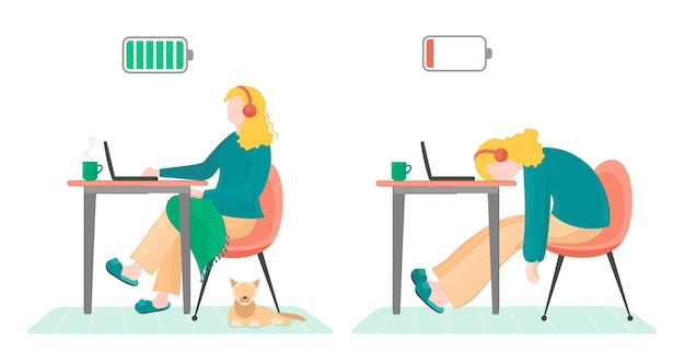 Illustration Vectorielle énergie De La Femme Mais Après Avoir Obtenu Burhoot Au Bureau Avec Un Chat D'ordinateur Portable Et Une Tasse De Thé