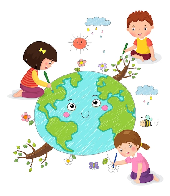 Illustration vectorielle d'enfants dessinant la terre