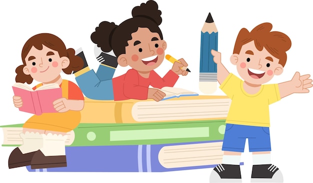 Illustration vectorielle d'enfants heureux apprenant et lisant