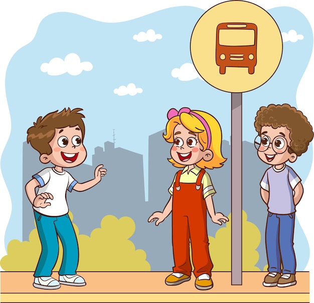 illustration vectorielle d'enfants mignons attendant le bus scolaire