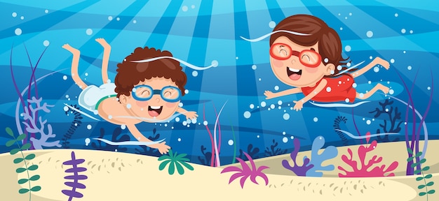 Illustration vectorielle des enfants nager sous l&#39;eau