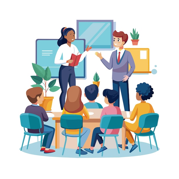 Une illustration vectorielle d'un enseignant enseignant en classe