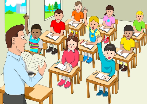 Illustration vectorielle d'un enseignant enseignant devant la salle de classe