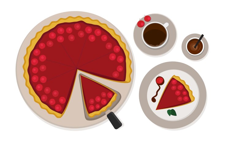 Illustration vectorielle ensemble d'assiette à tarte aux tranches de cerise avec une tasse de café et une tasse dégoulinante