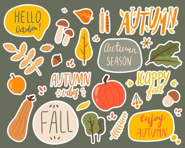 Illustration vectorielle d'un ensemble d'autocollants doodle sur le thème de l'automne. Inscriptions et objets de la nature. Décorations d'automne.