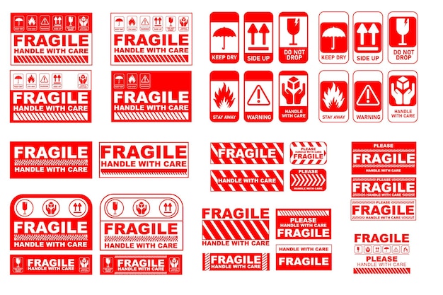 Illustration vectorielle d'un ensemble d'autocollants à poignée fragile ou d'étiquettes d'emballage de couleur rouge et blanche