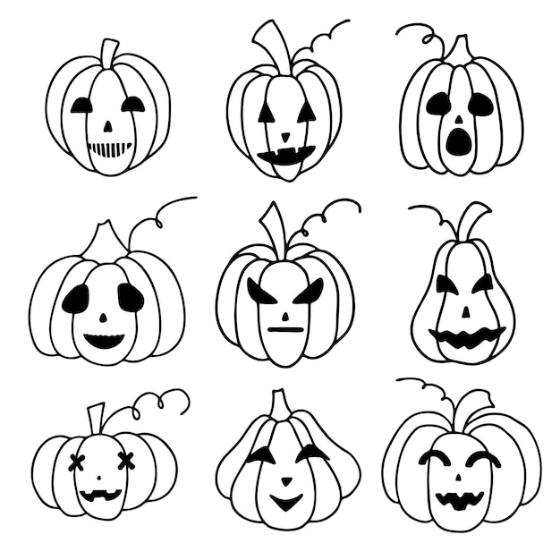 Vecteur illustration vectorielle ensemble de citrouilles mignonnes de différentes formes avec des visages isolés sur blanc clipart de griffonnage simple dessiné à la main dans un style branché thème d'halloween pour le modèle de cartes de bannière de logo de menu