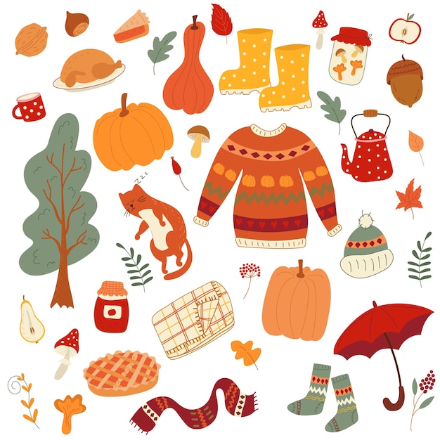 Illustration vectorielle d'un ensemble d'éléments d'automne mignons un chandail, des citrouilles, du caoutchouc, des bottes.Ambiance d'automne