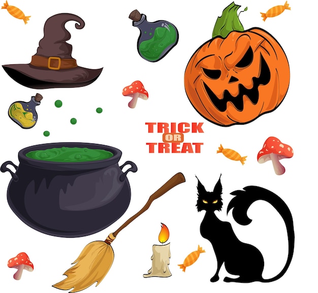 Illustration Vectorielle Ensemble D'illustrations Pour Halloween Citrouille Chat Potion Balai Chaudron Bonbons