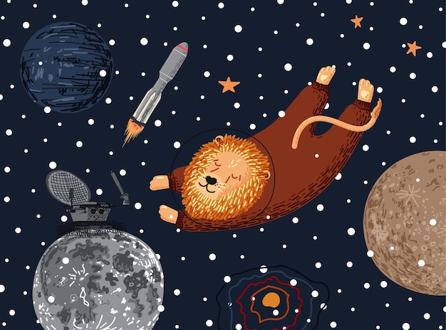 Illustration Vectorielle Avec Espace Extra-atmosphérique Modèle Mignon Avec Lion Astronaute Fusée Rover Lunaire Lune