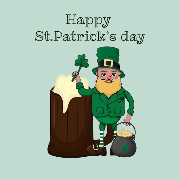 Illustration vectorielle esquissée à la main de Happy Saint Patricks Day Illusatration avec Leprikon une chope de bière un trèfle et un chaudron d'or