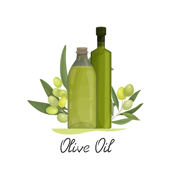 Illustration Vectorielle D'une étiquette Autocollante Ou D'un Emblème Avec 2 Bouteilles D'huile D'olive Et De Branches D'olivier Et De Fruits Conception D'emballage Ou De Publicité Pour Le Commerce Et L'huile D'olive