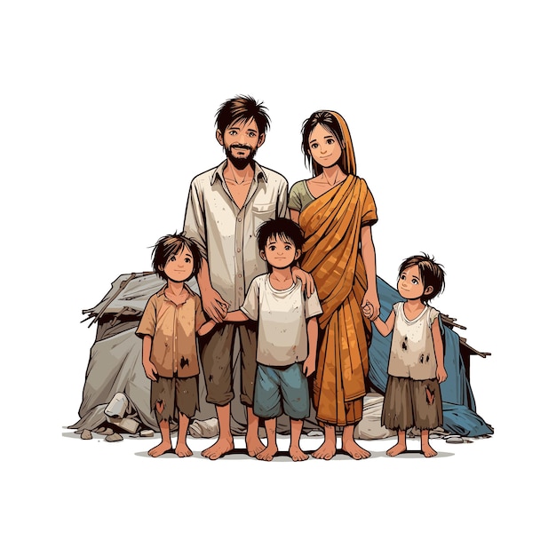 illustration vectorielle d'une famille de mendiants pauvres portant des vêtements en lambeaux et vivant dans une cabane de fortune