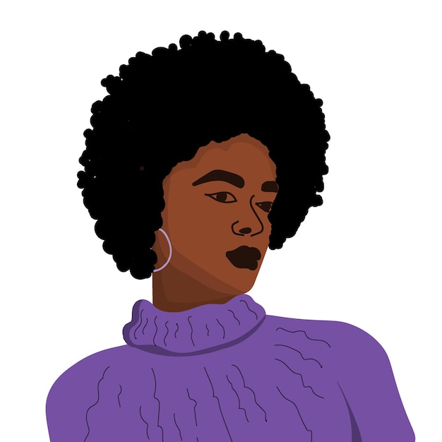 illustration vectorielle d'une femme afro avec des cheveux noirs et un pull violet