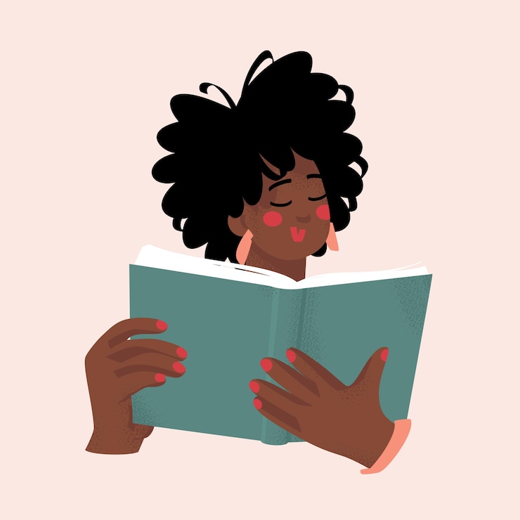 Vecteur illustration vectorielle d'une femme afro mignonne qui lit un livre