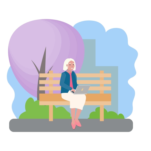 Vecteur illustration vectorielle avec une femme âgée dans un parc à l'extérieur de la ville assis sur un banc avec un ordinateur portable personnes âgées de style de vie actif dans les gratte-ciel de la nature en arrière-plan