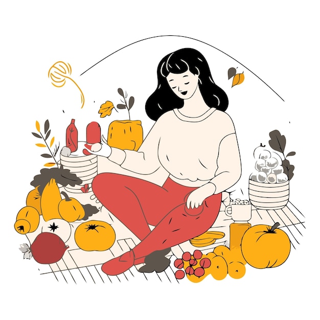 Illustration Vectorielle D'une Femme Assise Lors D'un Pique-nique Dans La Forêt D'automne