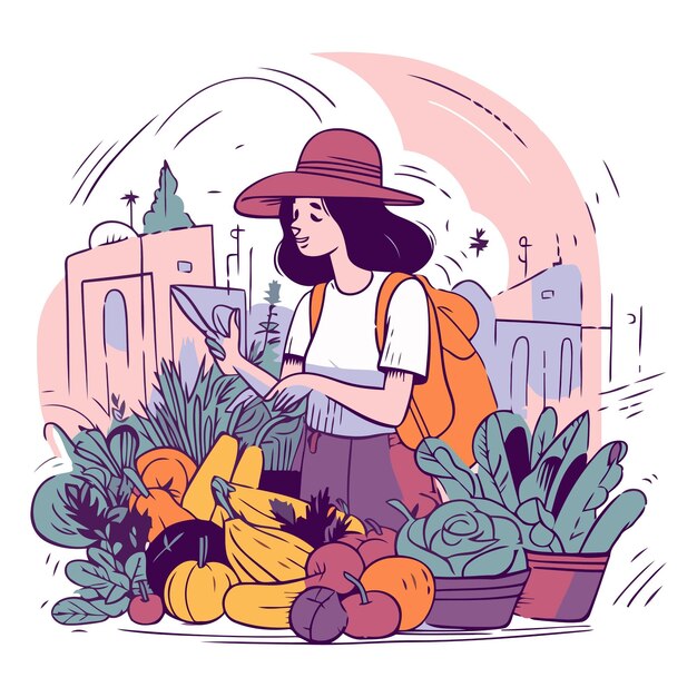 Illustration Vectorielle D'une Femme Avec Un Chapeau Et Un Sac à Dos Choisissant Des Fruits Et Des Légumes