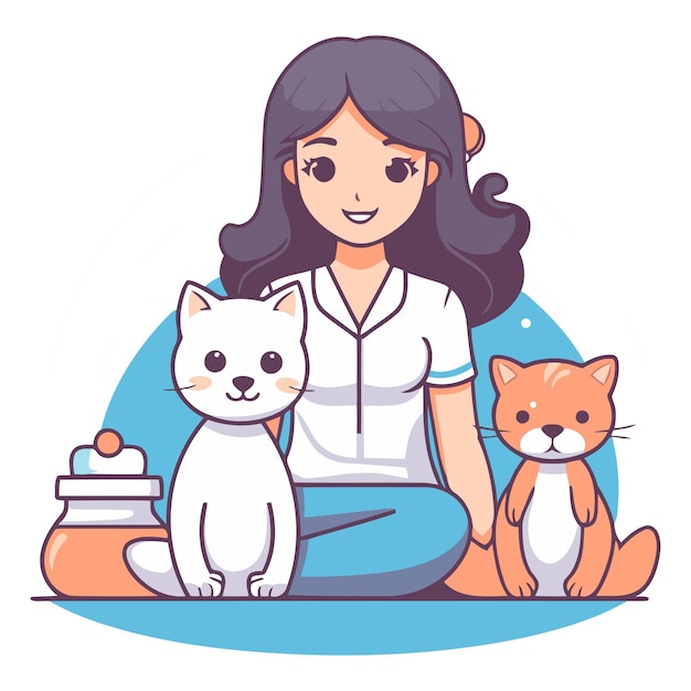 Illustration Vectorielle D'une Femme Avec Un Chat Et Un Chien Sur Un Fond Blanc