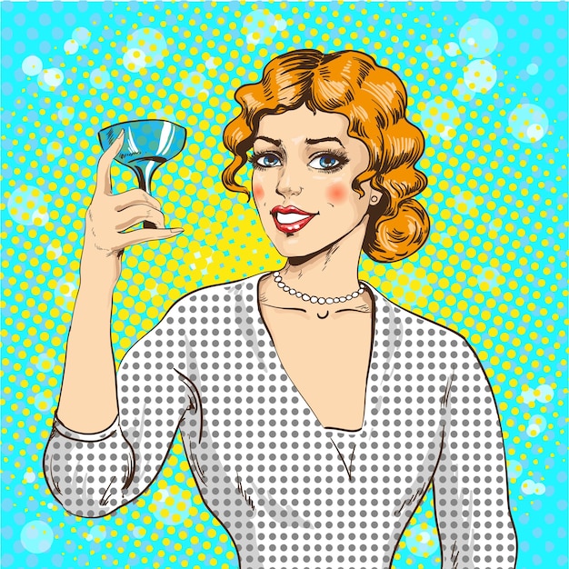 Vecteur illustration vectorielle d'une femme avec un cocktail dans le style de bande dessinée rétro pop art belle dame buvant un martini événement de célébration