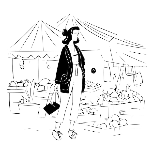 Vecteur illustration vectorielle d'une femme faisant ses courses au marché