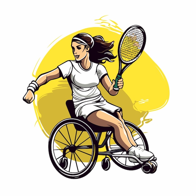 Vecteur illustration vectorielle d'une femme handicapée en fauteuil roulant jouant au tennis isolée sur fond blanc