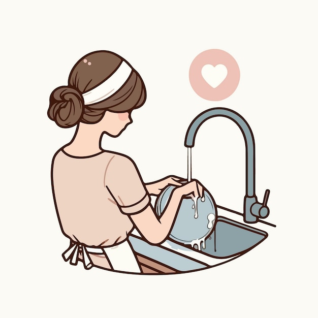 Illustration Vectorielle D'une Femme Lavant La Vaisselle Avec Un Style De Conception Plat Simple Et Minimaliste