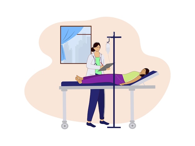 Illustration Vectorielle D'une Femme Médecin écrite Sur Ordonnance Pour Un Patient Allongé Sur Un Lit Dans Une Chambre D'hôpital