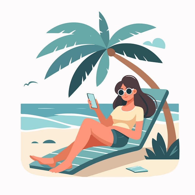 Illustration Vectorielle D'une Femme Se Détendant Sur La Plage