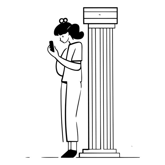 Vecteur illustration vectorielle d'une femme avec un téléphone portable sur une colonne