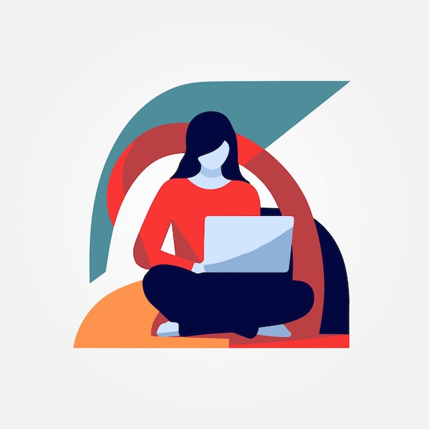 illustration vectorielle femme travaillant sur ordinateur portable assis