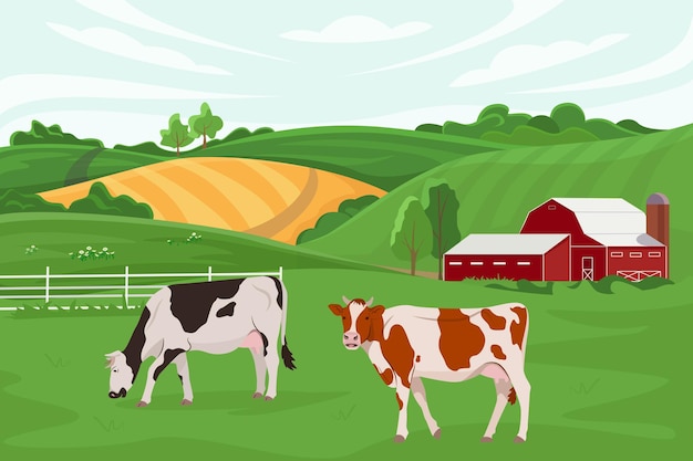 Illustration vectorielle d'une ferme de vaches et de l'agriculture Élevage de bovins