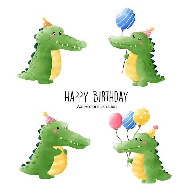 Vecteur illustration vectorielle de fête d'anniversaire crocodile mignon aquarelle