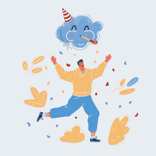 Vecteur illustration vectorielle de fête et célébration homme heureux courir sous des nuages de fête magiques qui soufflent des cornes