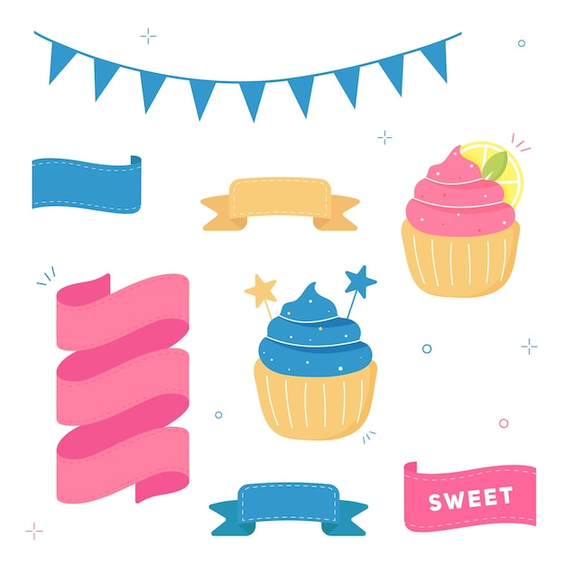 Illustration Vectorielle De Fête De Collection. Cupcake Sucré D'anniversaire Avec Fond Blanc Isolé.