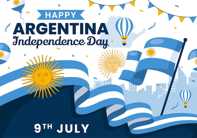 Vecteur illustration vectorielle de la fête de l'indépendance de l'argentine le 9 juillet avec le drapeau et le ruban agités