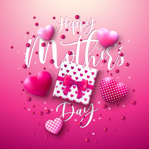 Illustration vectorielle de la fête des mères heureuse avec coeur et boîte-cadeau pour maman sur fond rose