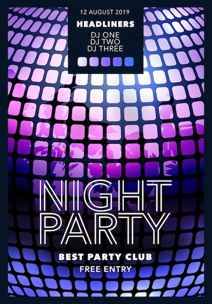 Vecteur illustration vectorielle de fête de nuit, bannière. affiche pour discothèque avec texte pour les noms d'événement et de dj. fond avec texture et gros plan de boule disco
