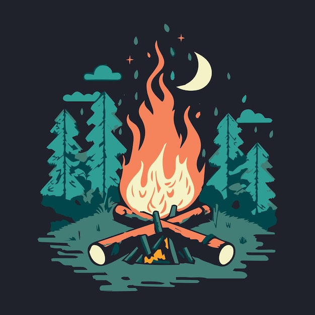 Illustration vectorielle de feu de camp la nuit dans les bois Feu de joie dans la forêt Logo d'aventure de voyage