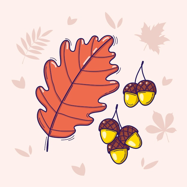 Illustration Vectorielle De Feuille De Chêne Et De Gland Dans Un Dessin Au Trait De Style Doodle Isolé Sur Un Fond Clair Avec Des Feuilles D'automne