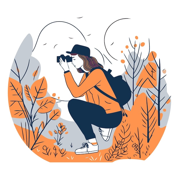 Vecteur illustration vectorielle d'une fille avec un appareil photo dans la forêt d'automne