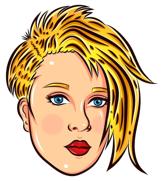 Vecteur illustration vectorielle de fille blonde aux cheveux courts et aux lèvres rouges