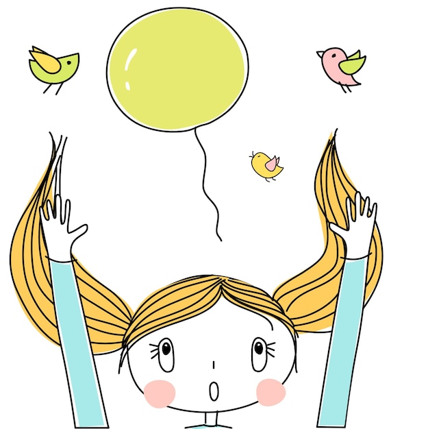 Illustration Vectorielle D'une Fille Blonde Aux Cheveux Soufflant Avec Les Mains En L'air Essayant D'attraper Le Ballon Jaune