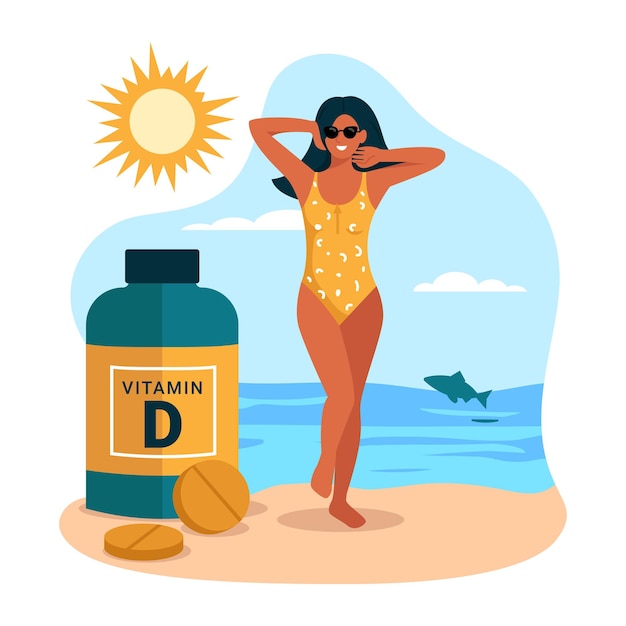 Vecteur illustration vectorielle d'une fille bronzée sur la plage et obtenant de la vitamine d du soleil scène de dessin animé avec une fille qui prend le soleil sur la plague en maillot de bain et des lunettes et obtient de la vitamine d