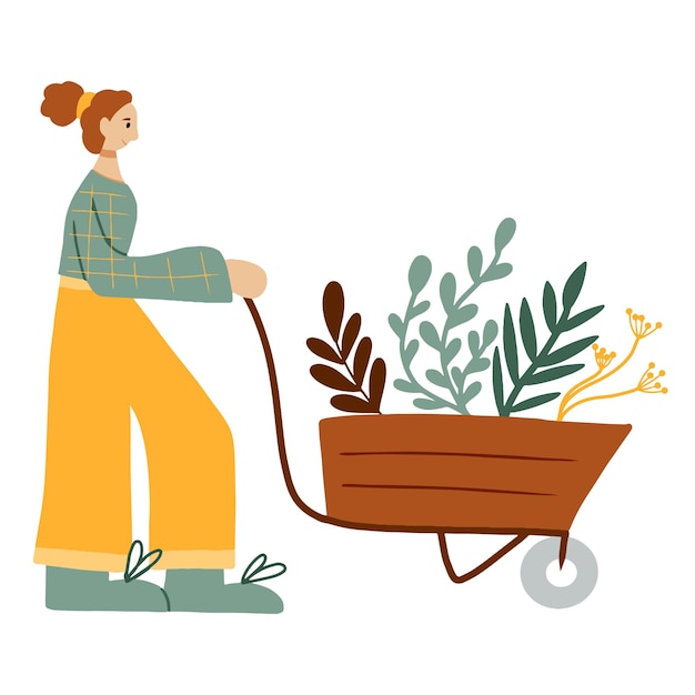 Vecteur illustration vectorielle de fille avec brouette de jardin. une femme conduit une brouette avec des plantes. notion de jardinage. illustration vectorielle